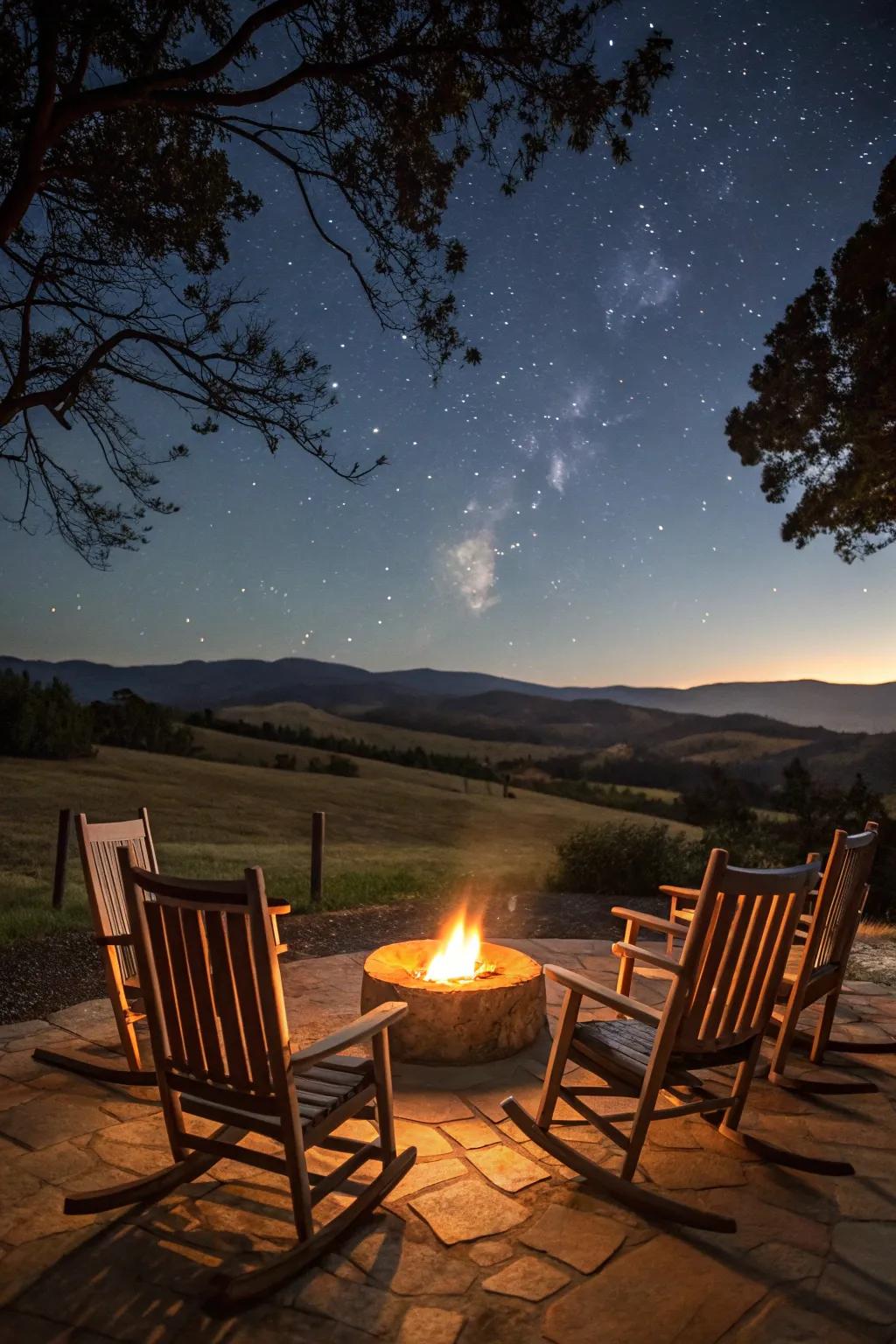 Rocking chairs around a fire pit create a relaxing outdoor retreat.