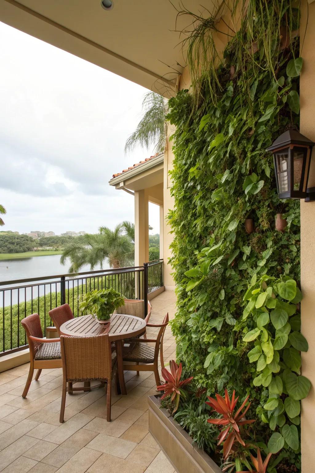 A lush vertical garden adding greenery to a patio wall.