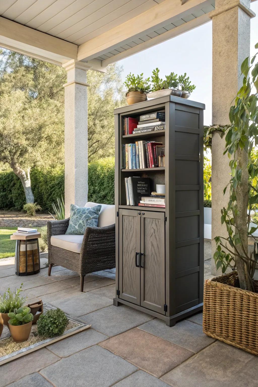 A bookshelf repurposed for stylish outdoor storage.