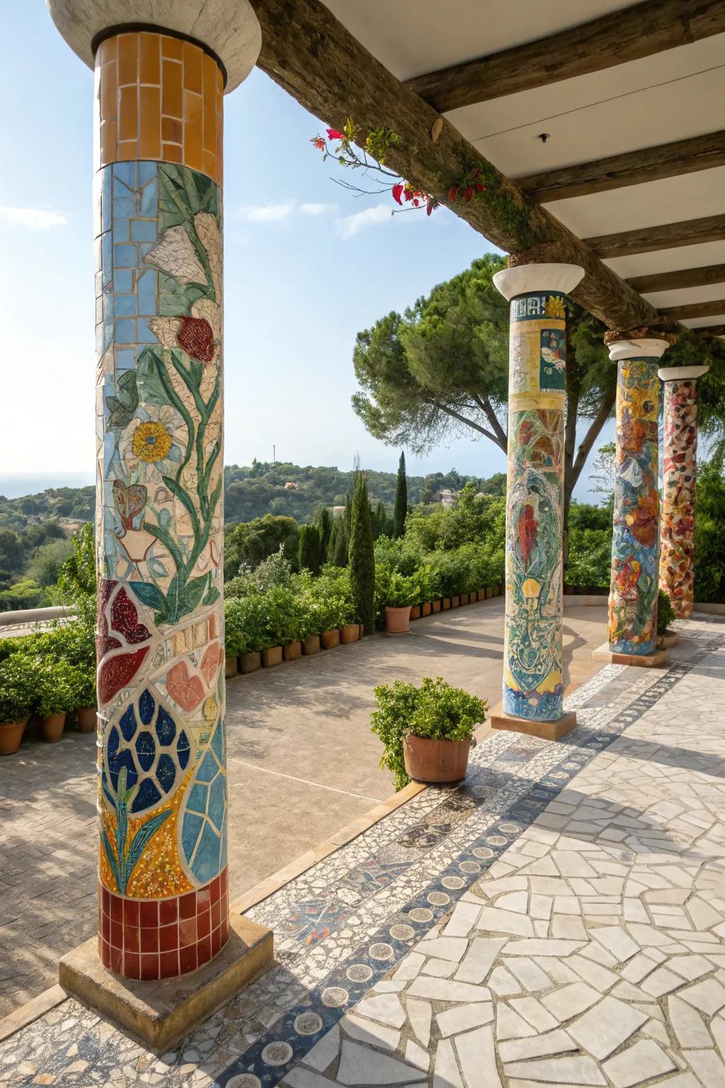 Artistic mosaic tiles add color and creativity to pillars.