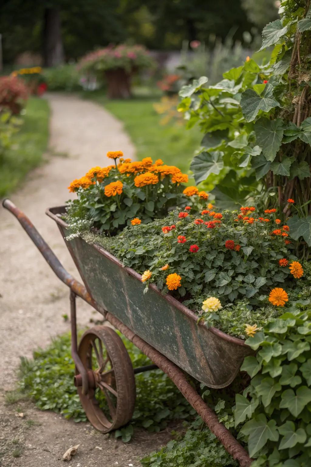 Add whimsy with a wheelbarrow garden display.