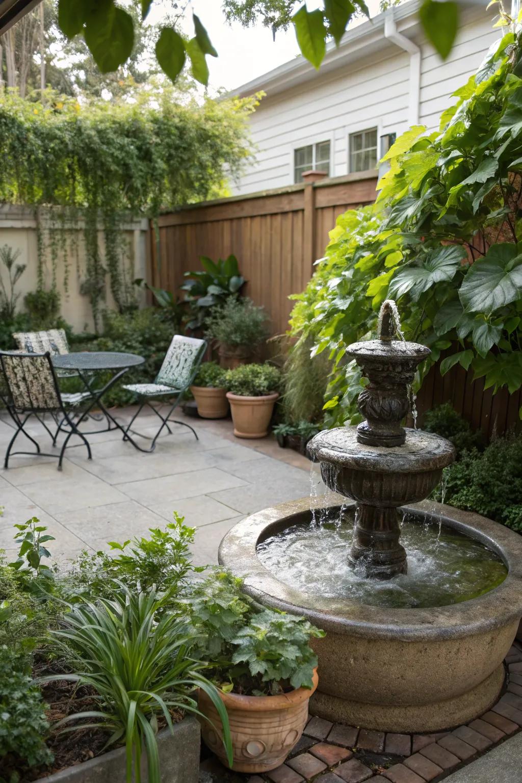 A water feature adds tranquility and elegance to a patio.