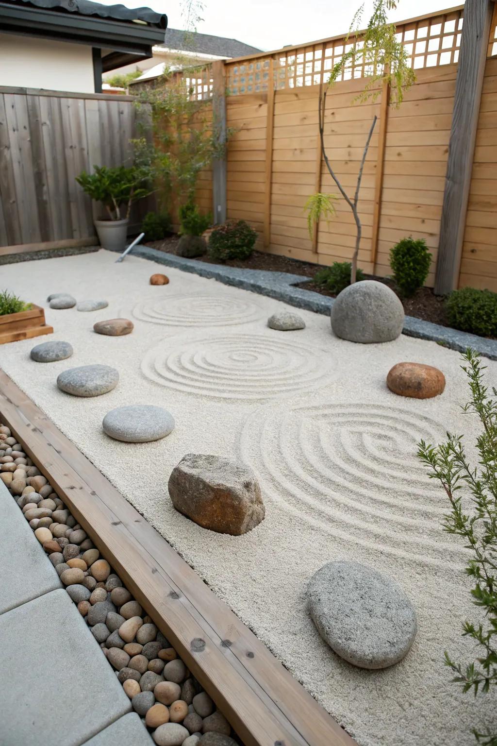 A zen garden patio offers a peaceful retreat for relaxation.