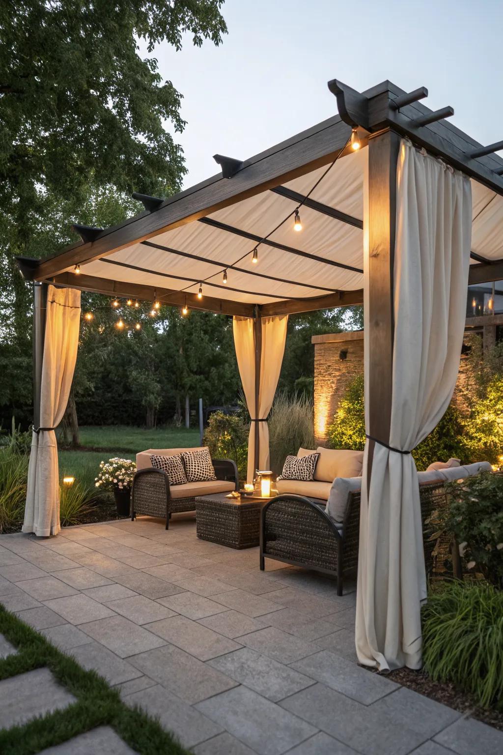 Fabric pergola covers offer a soft and inviting resort-like ambiance.