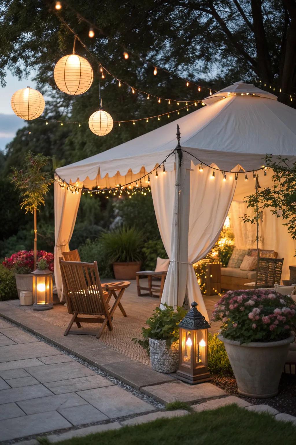 Create a magical ambiance with string lights in your tent.