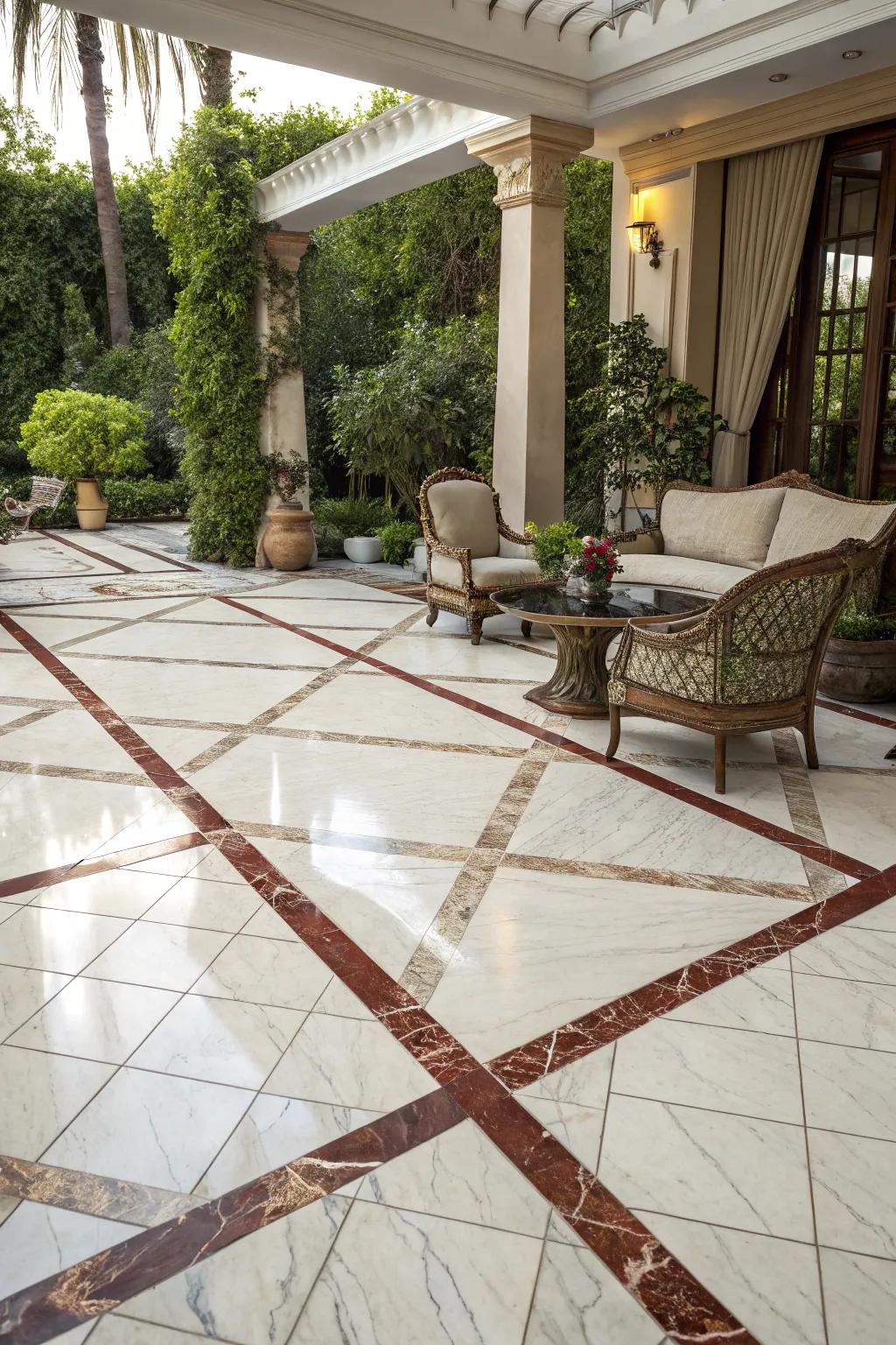 Marble-look tiles with bold veining add a luxurious touch to patios.