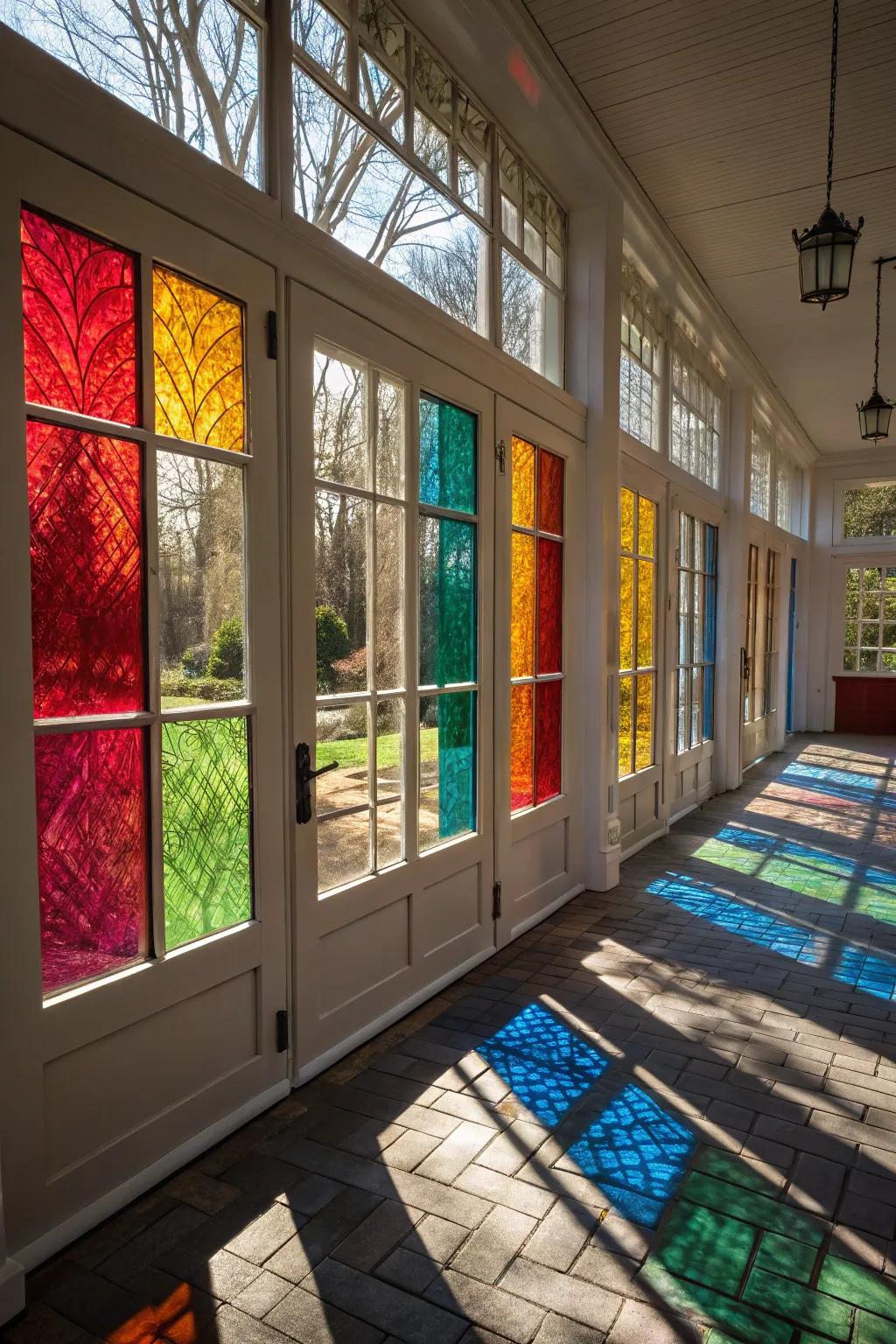 Vibrant colored glass windows creating a lively atmosphere.