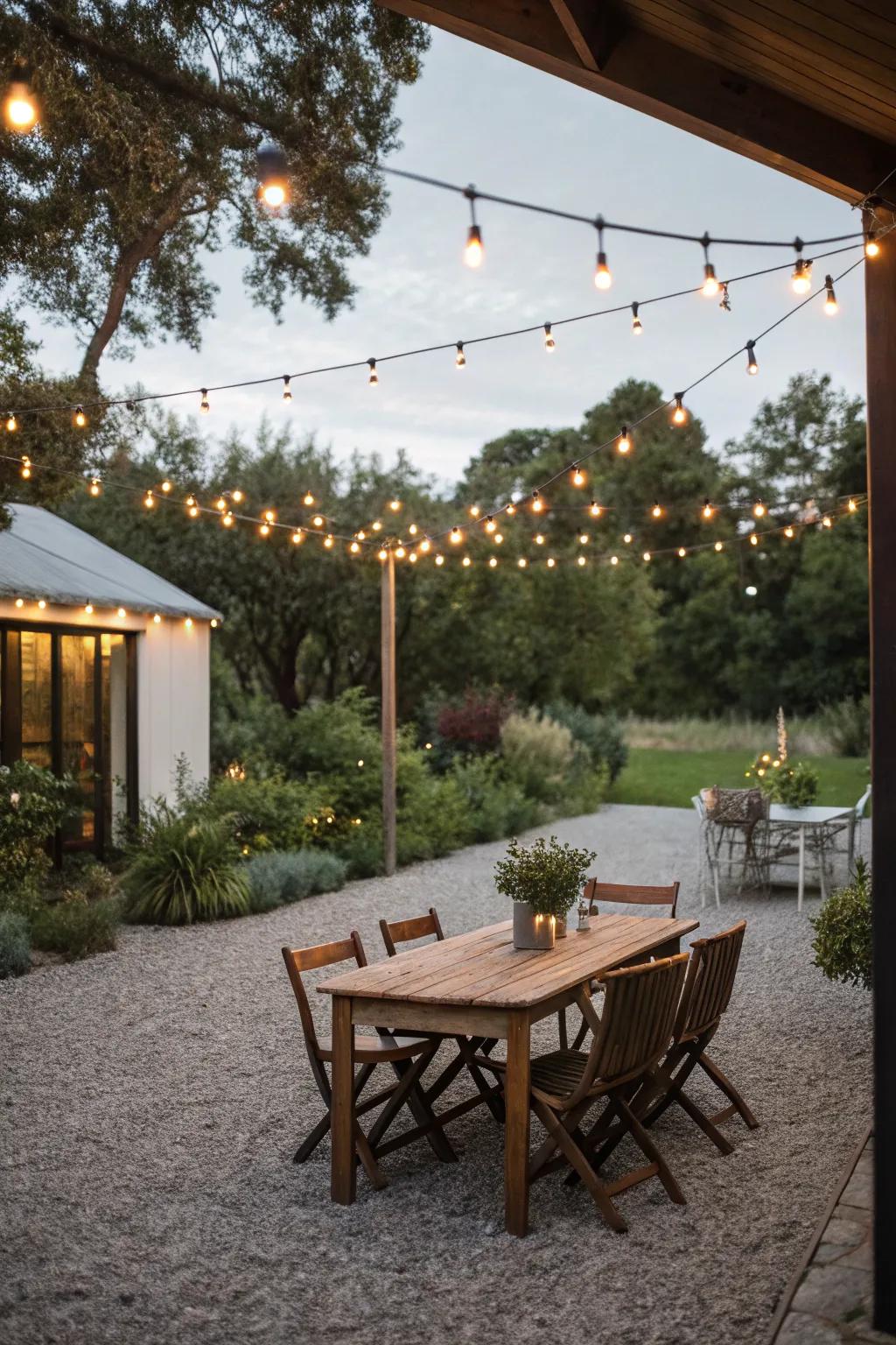 A gravel patio dining area illuminated by string lights.