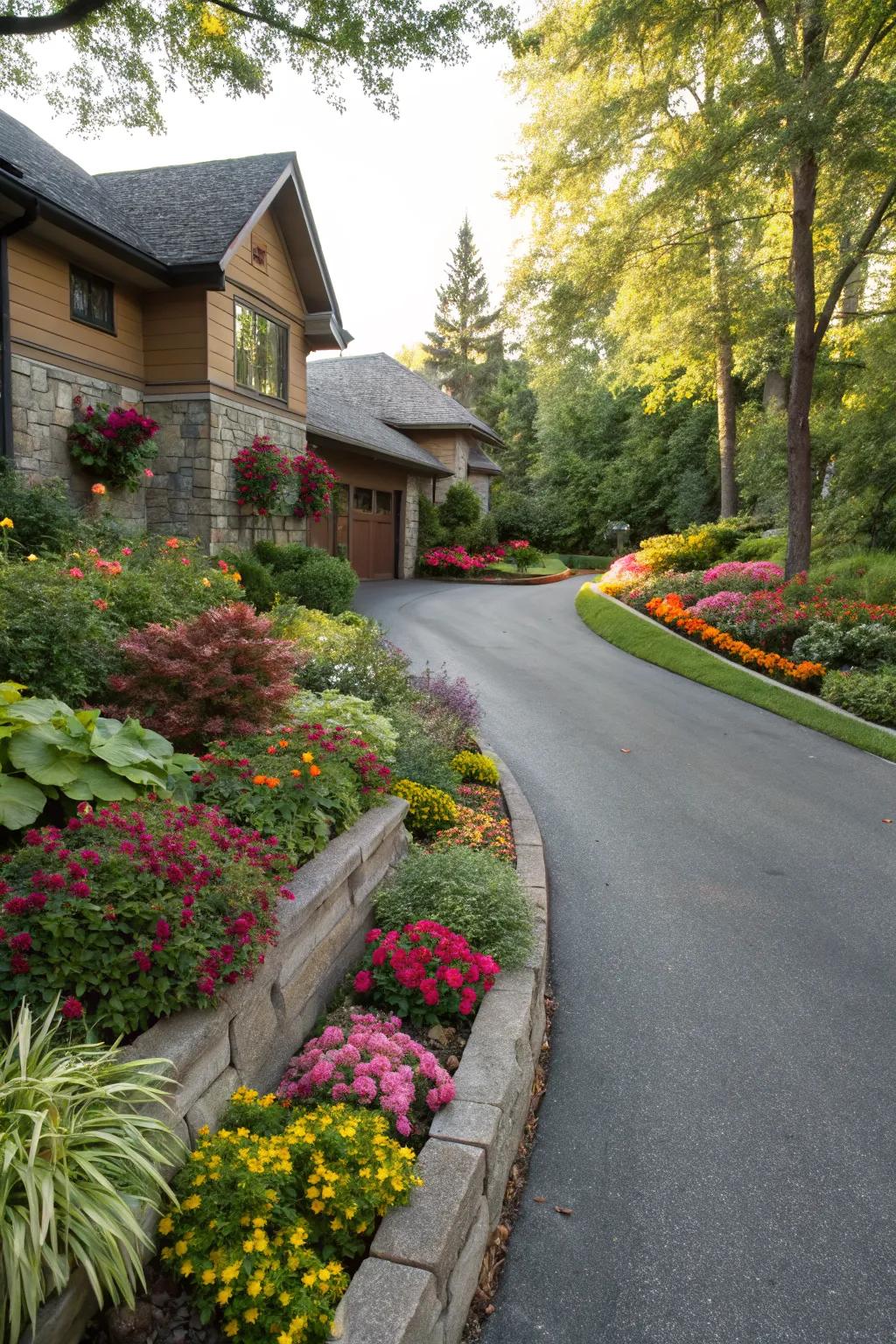 Garden bed borders add a touch of nature to the driveway.