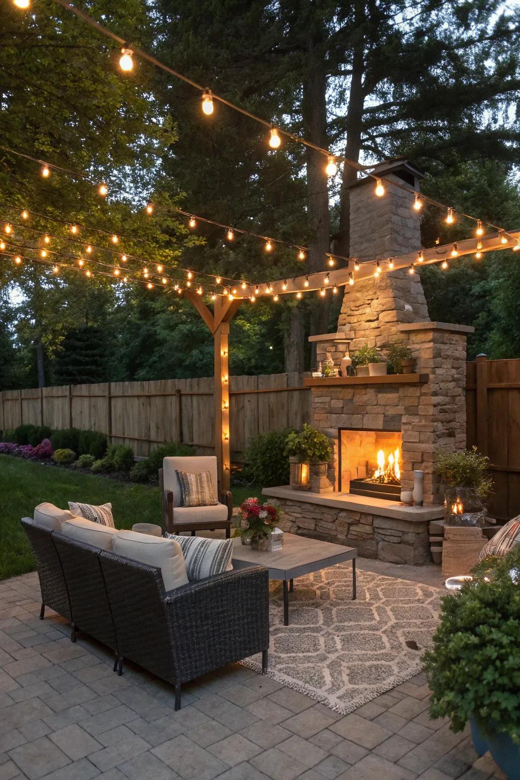 A romantic string light canopy enhancing the ambiance of a cozy paver patio.