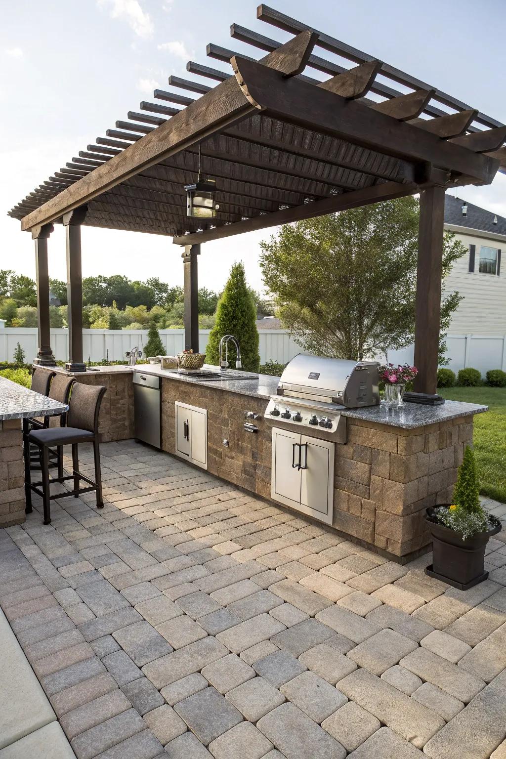 An outdoor kitchen under a pergola is perfect for alfresco dining.