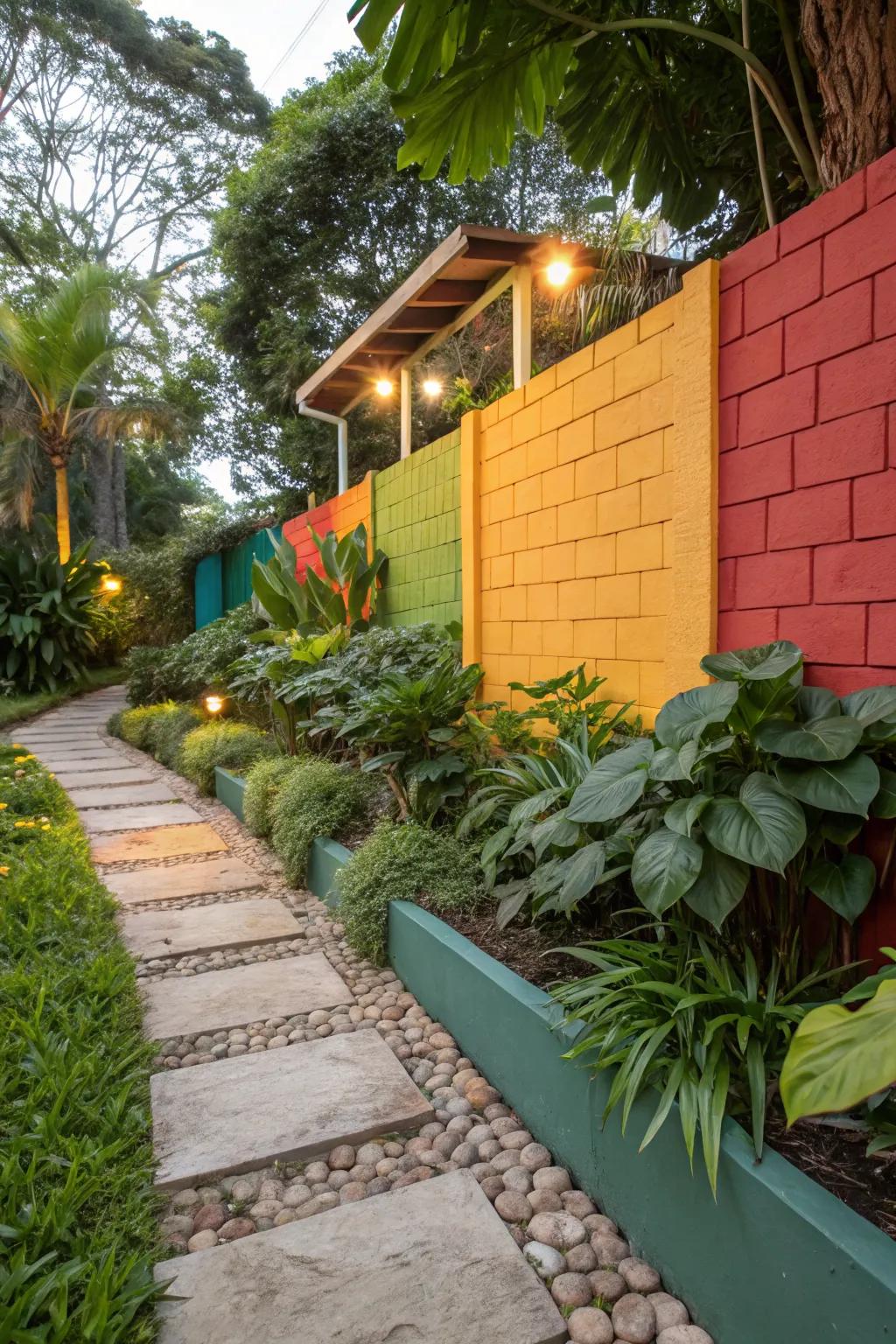 Vibrant colors making a paver wall stand out.