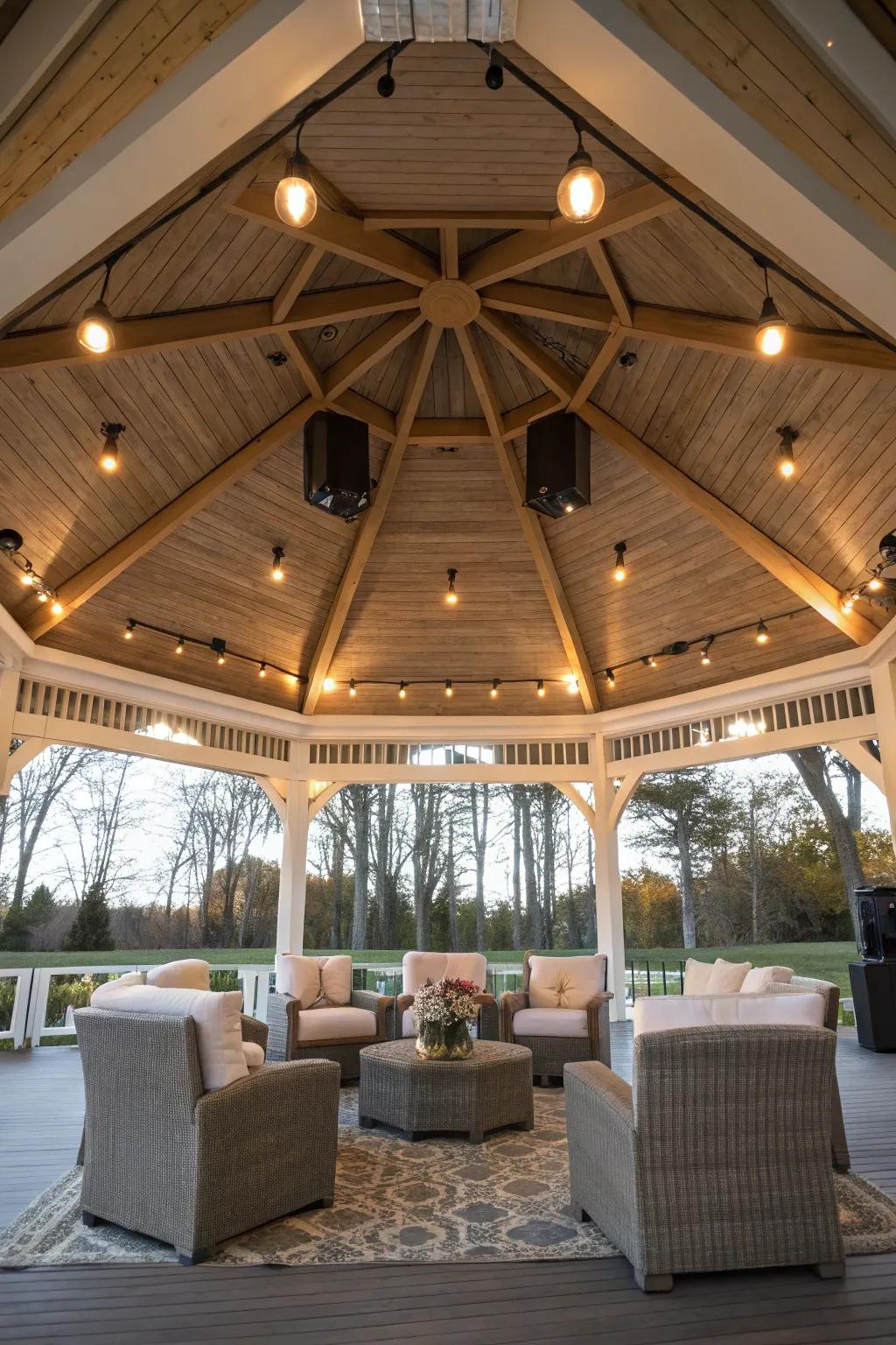 A pavilion ceiling discreetly housing speakers for a seamless audio experience.