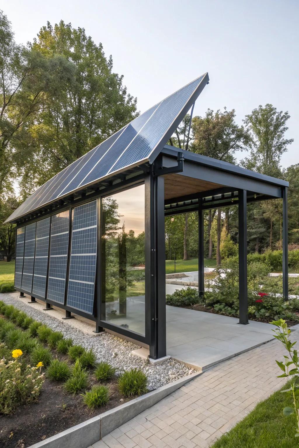 Solar panel walls offering a sleek, sustainable energy solution for a pavilion.