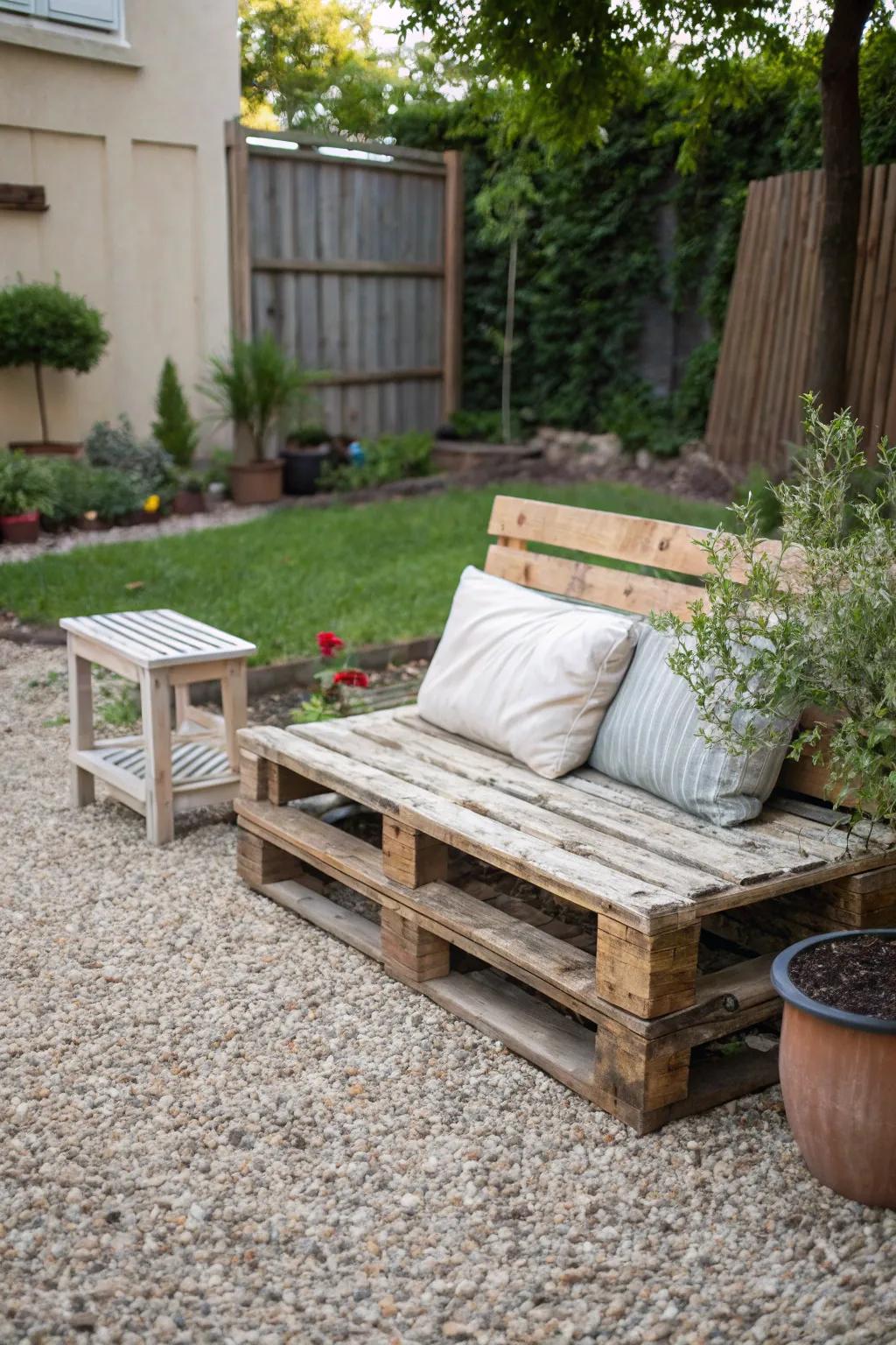 DIY furniture adds a personal touch to your pea gravel patio.