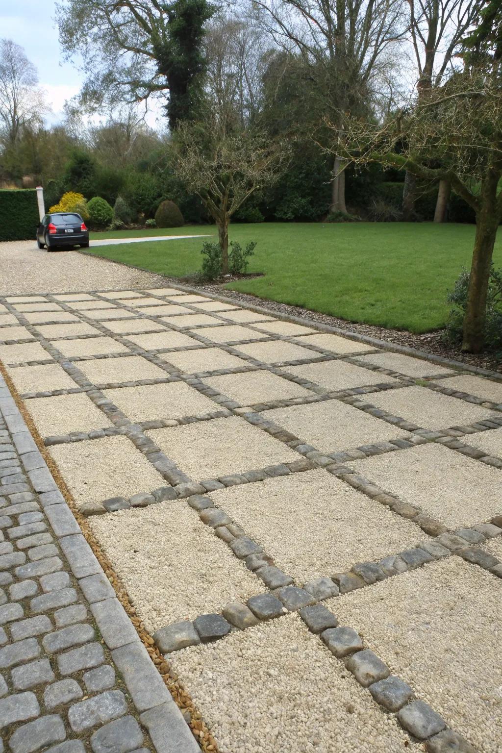 A contemporary grid-patterned pea gravel driveway.