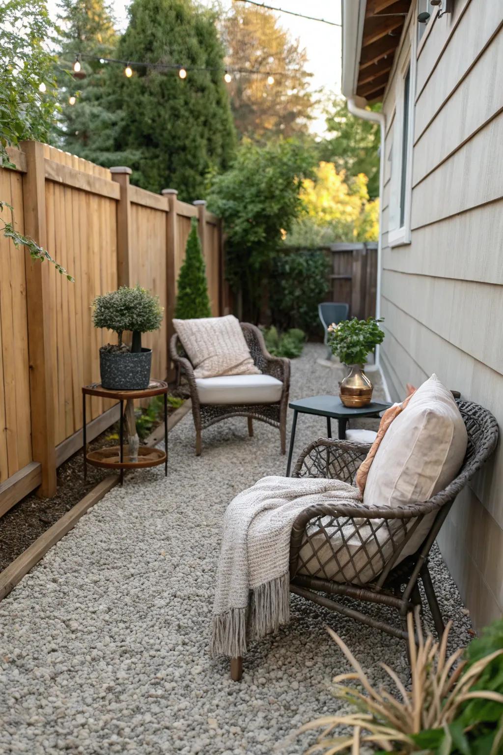 A cozy side patio perfect for intimate gatherings.