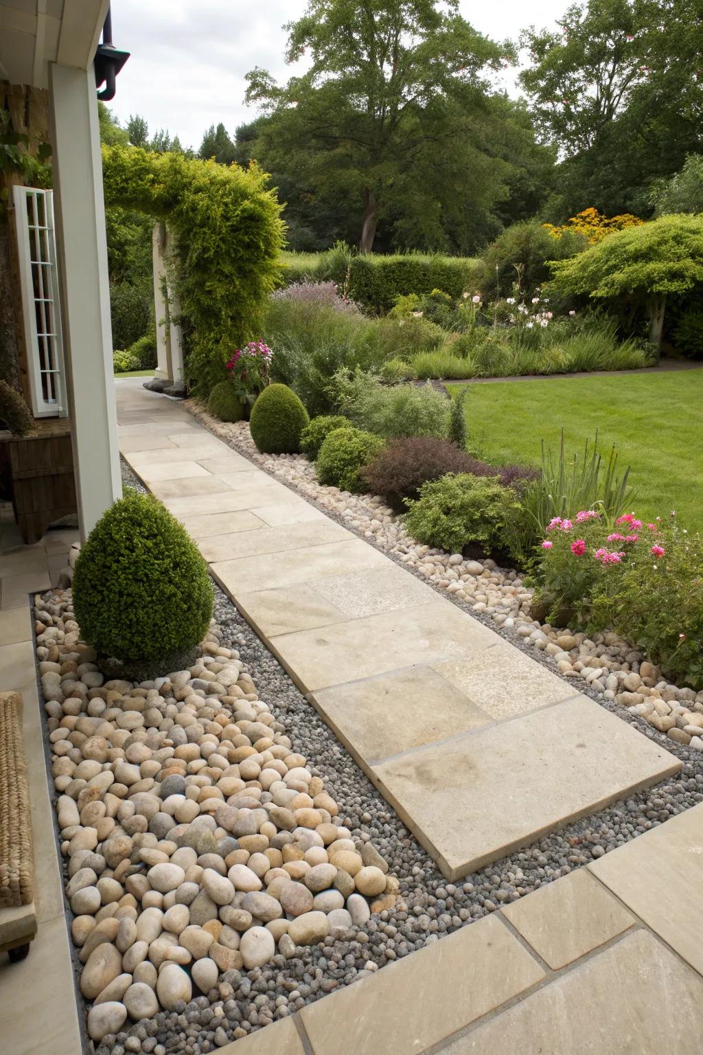 Define patio edges with pebbles for a seamless garden transition.