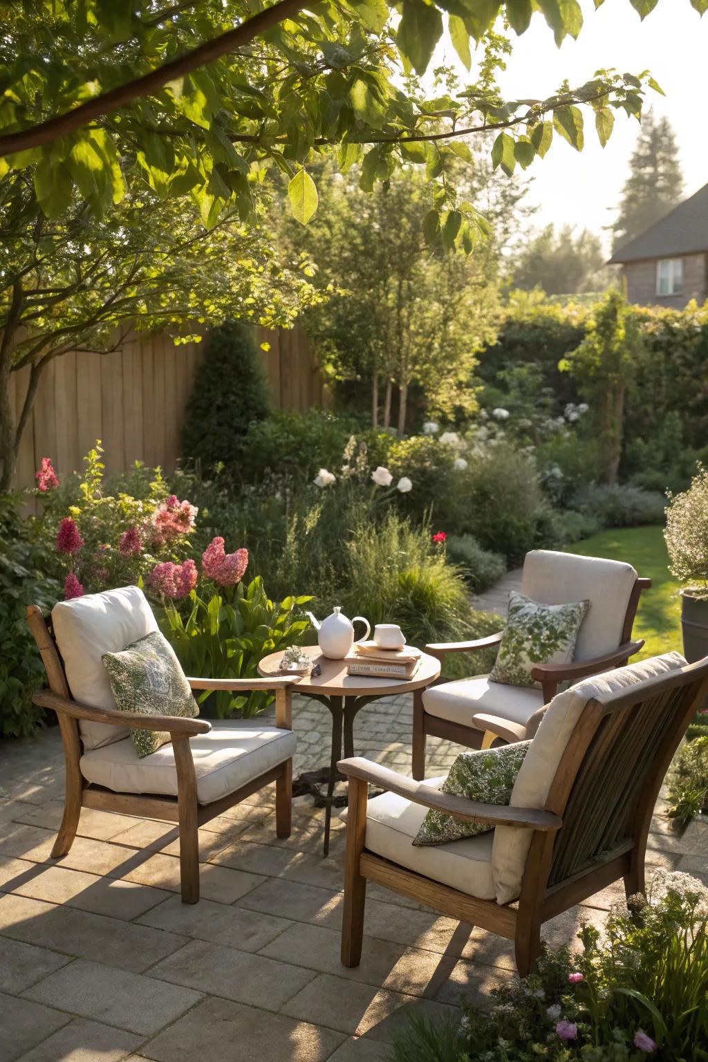 A sunlit seating area invites relaxation and enjoyment of the garden.