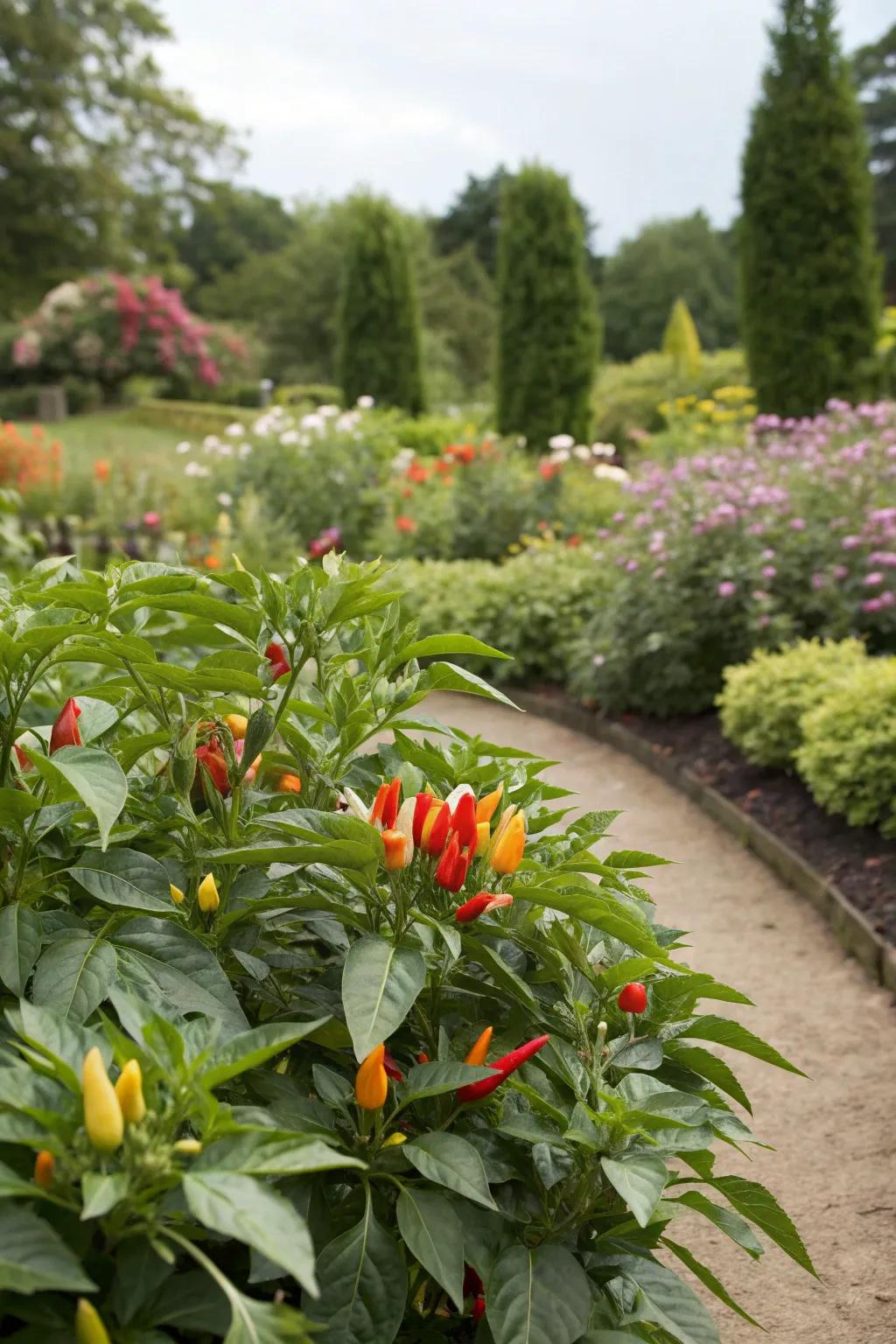 A hidden garden where pepper plants peek through lush decorative foliage.
