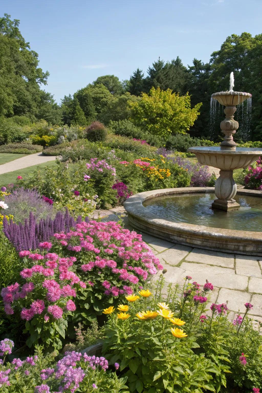 Water features enhance garden ambiance with sound and color.