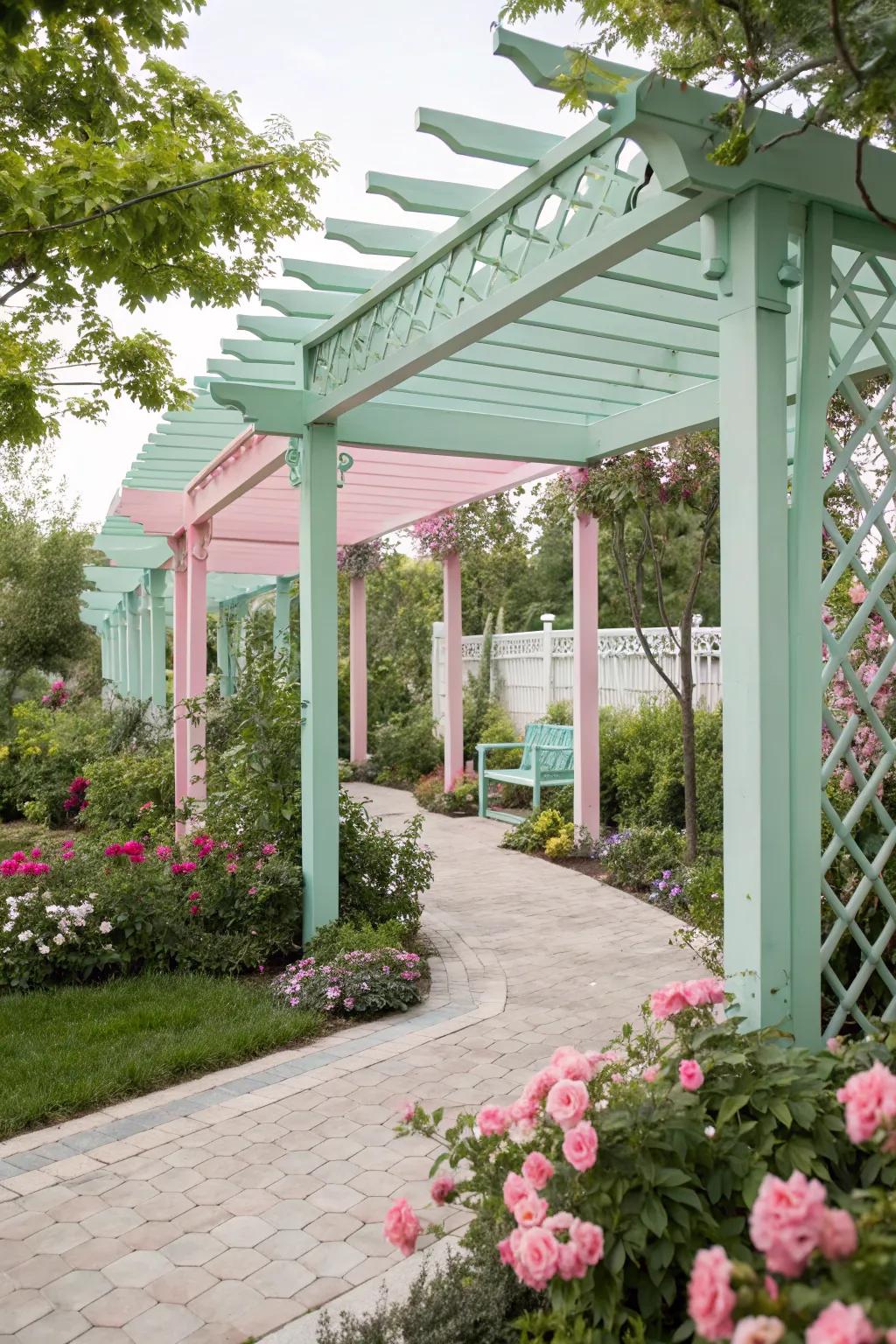 Pastel pergolas add a whimsical and unique charm to garden spaces.