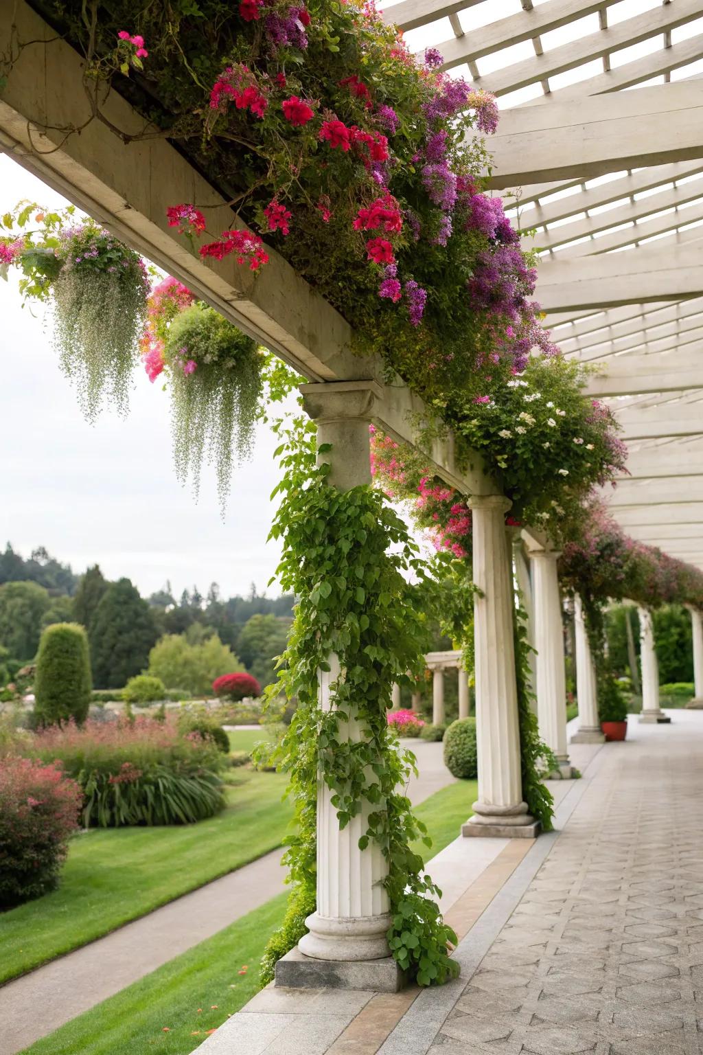 Hanging gardens create a vibrant natural ceiling.
