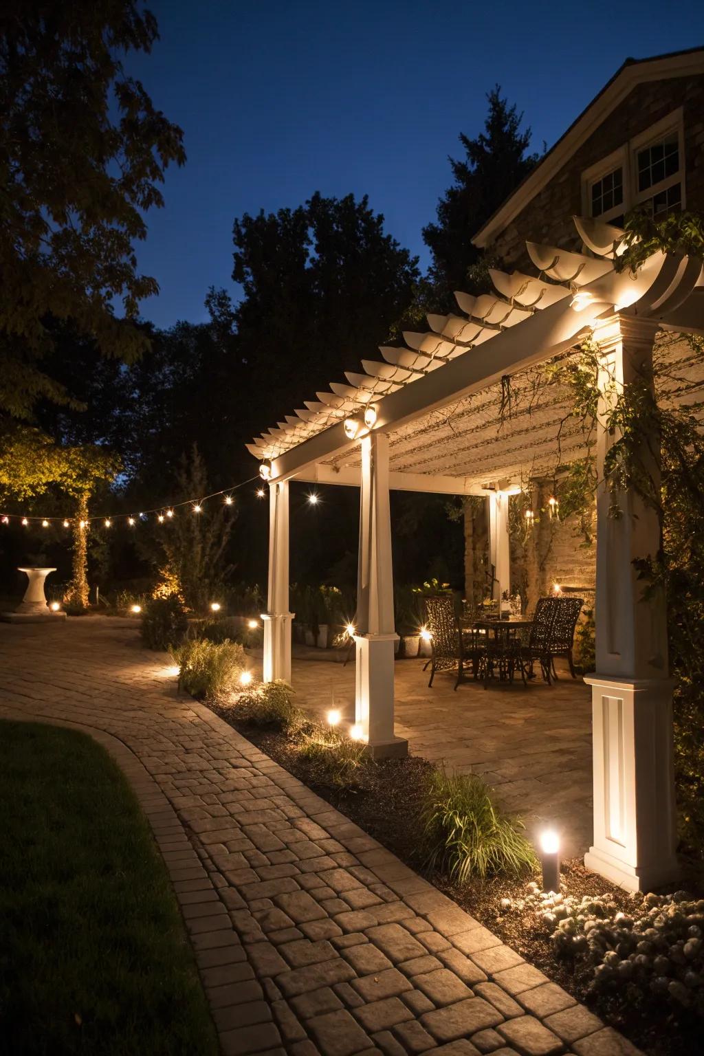 Gutter lighting adds sparkle to your pergola.