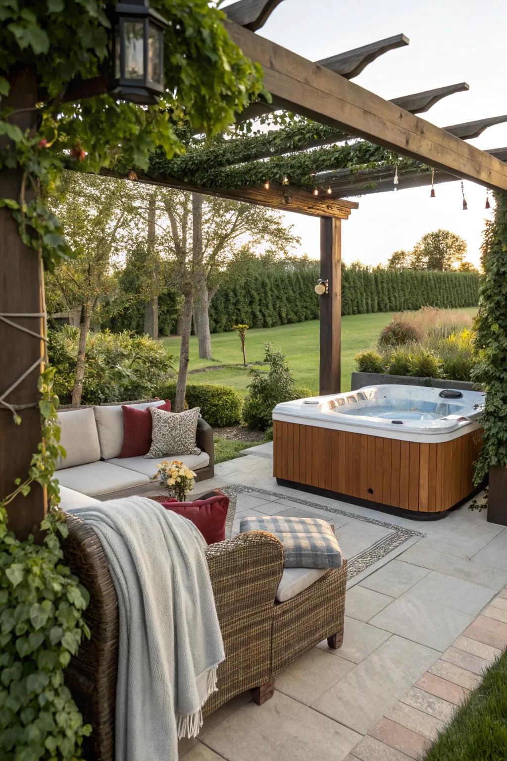 A pergola featuring a seating area, perfect for relaxing near the hot tub.