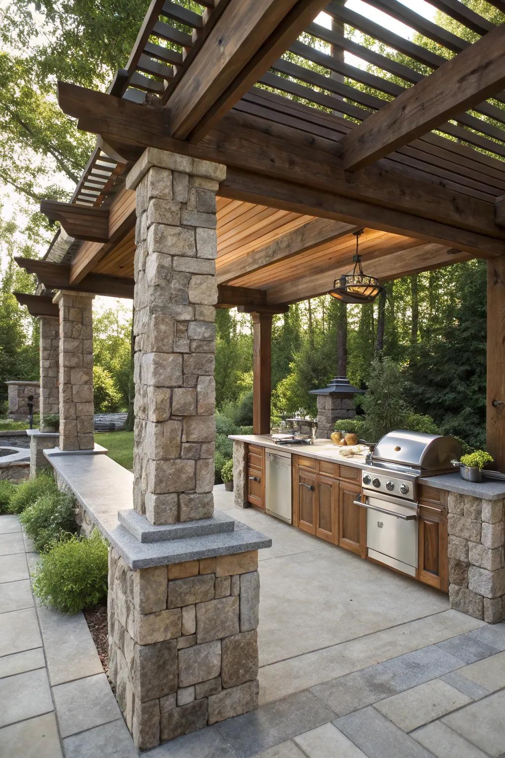 Stone and wood create a harmonious pergola design.