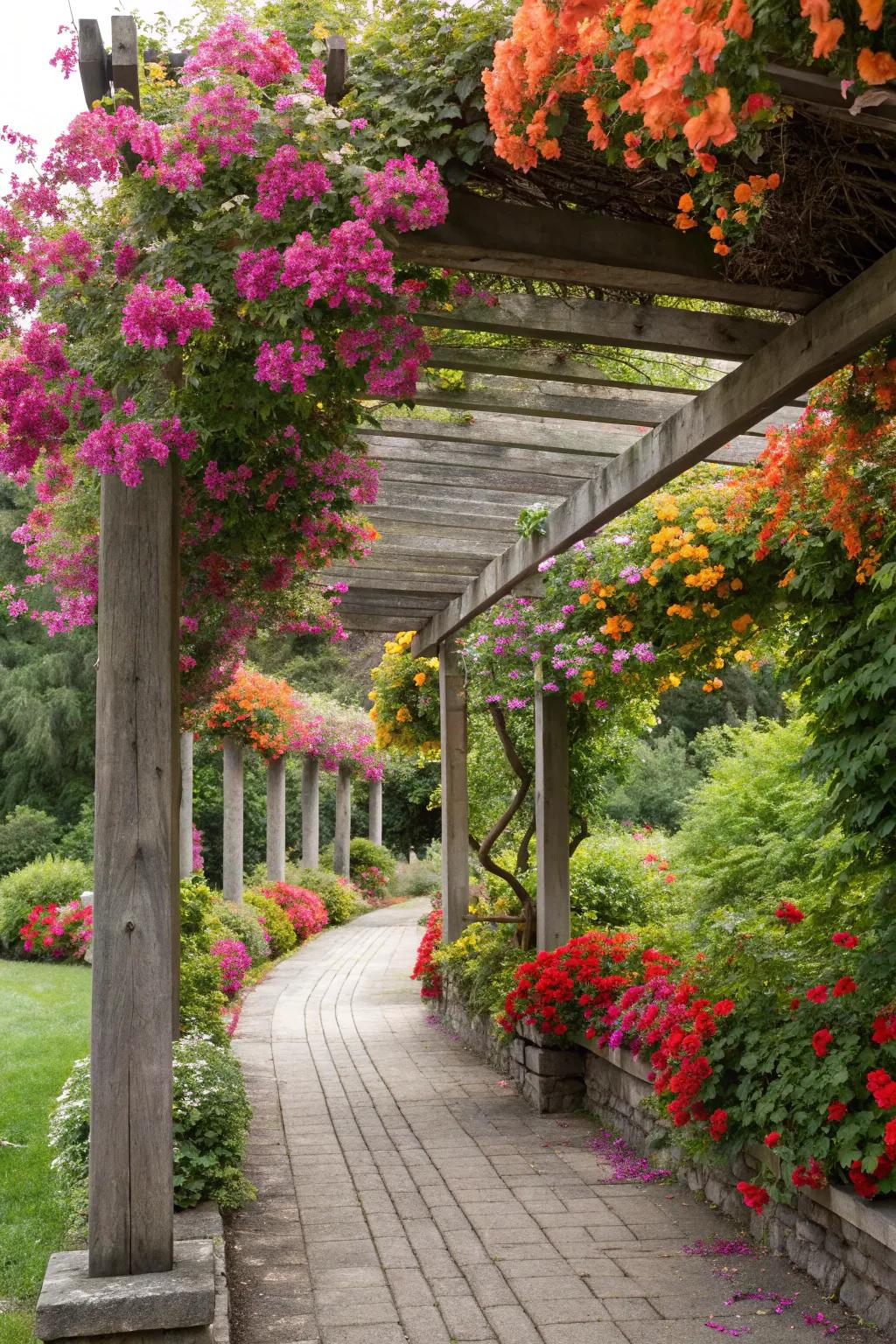 Keep your pergola vibrant with seasonal flower swaps.