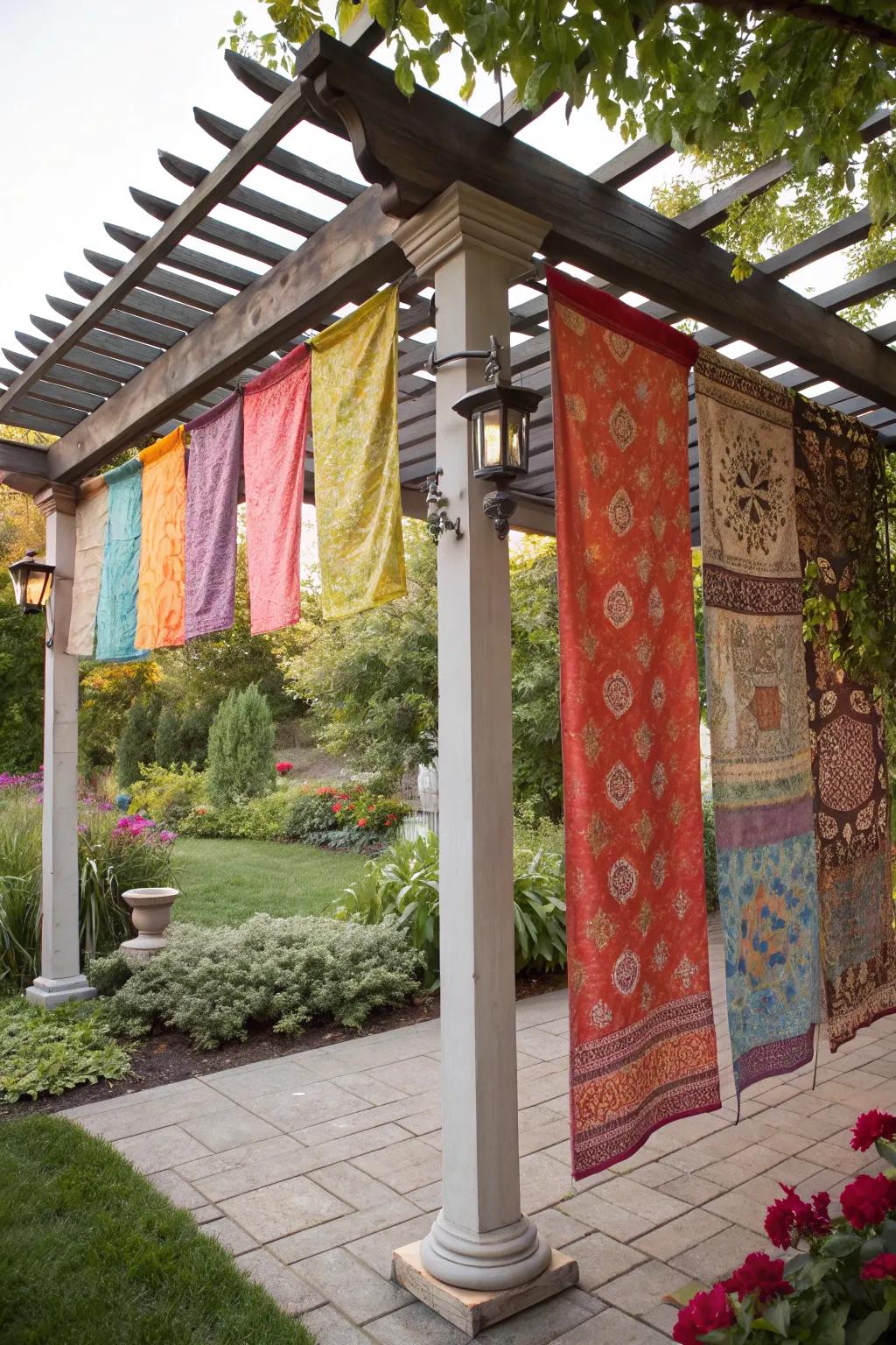 Decorative fabric panels add a pop of color and privacy.