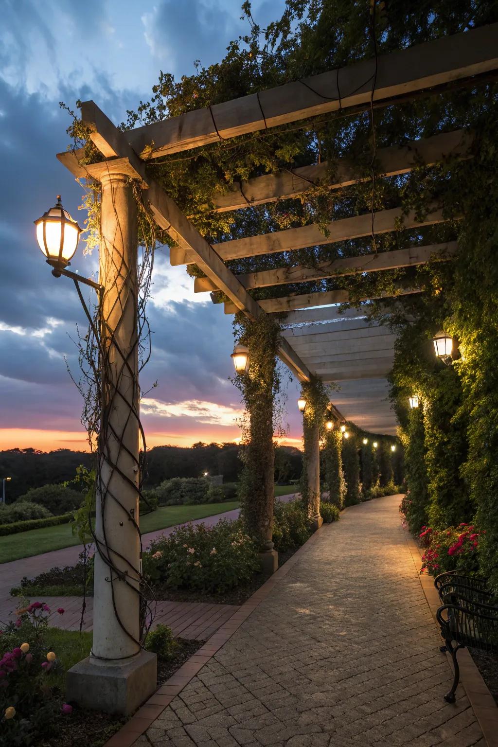 A pergola walkway gently lit by solar lights, perfect for evening strolls.