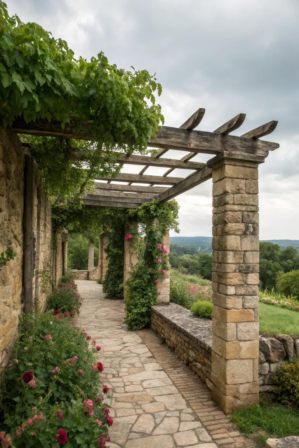 A pergola with rustic stone walls offering timeless appeal.