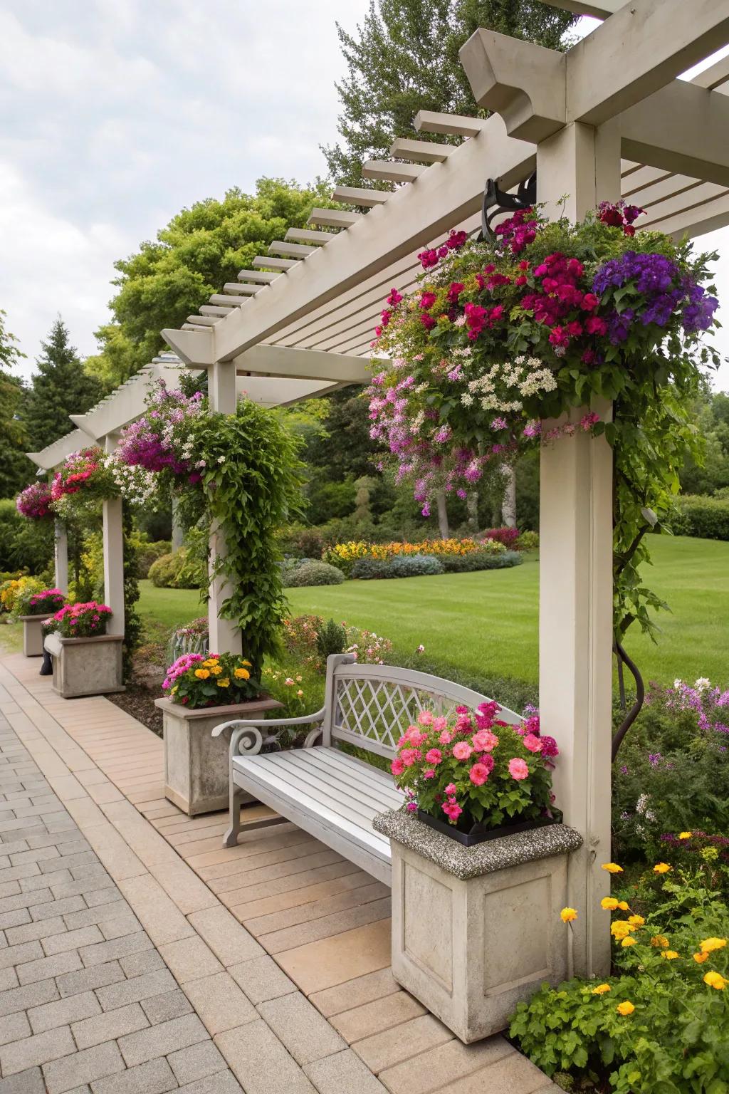 Bench seating with built-in planters under a pergola.