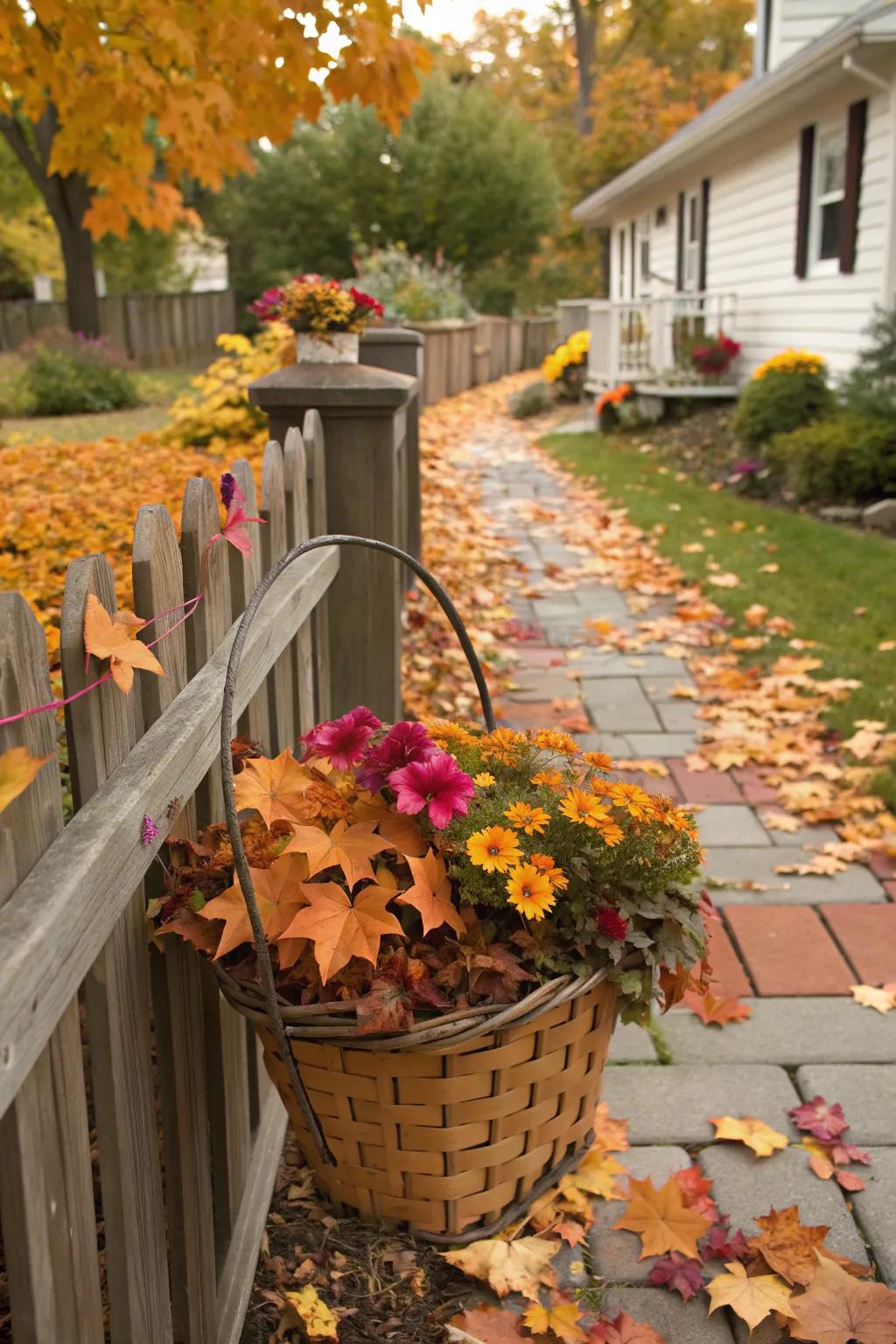 A seasonal splash with petunias and autumn leaves.