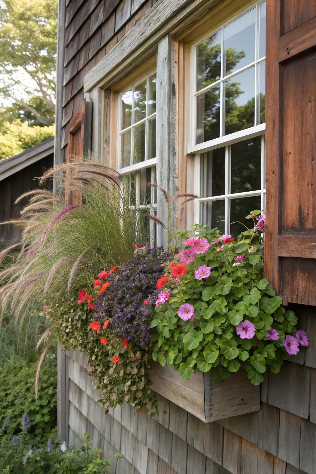 Ornamental grasses add texture and flow to petunia arrangements.
