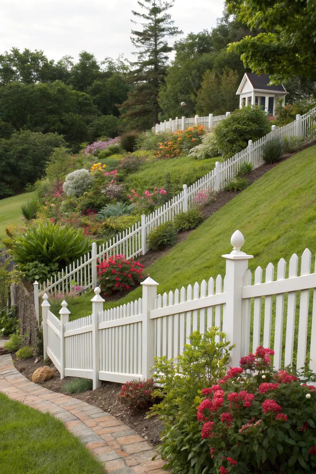 Angled panels offer a cohesive look on sloped fences.