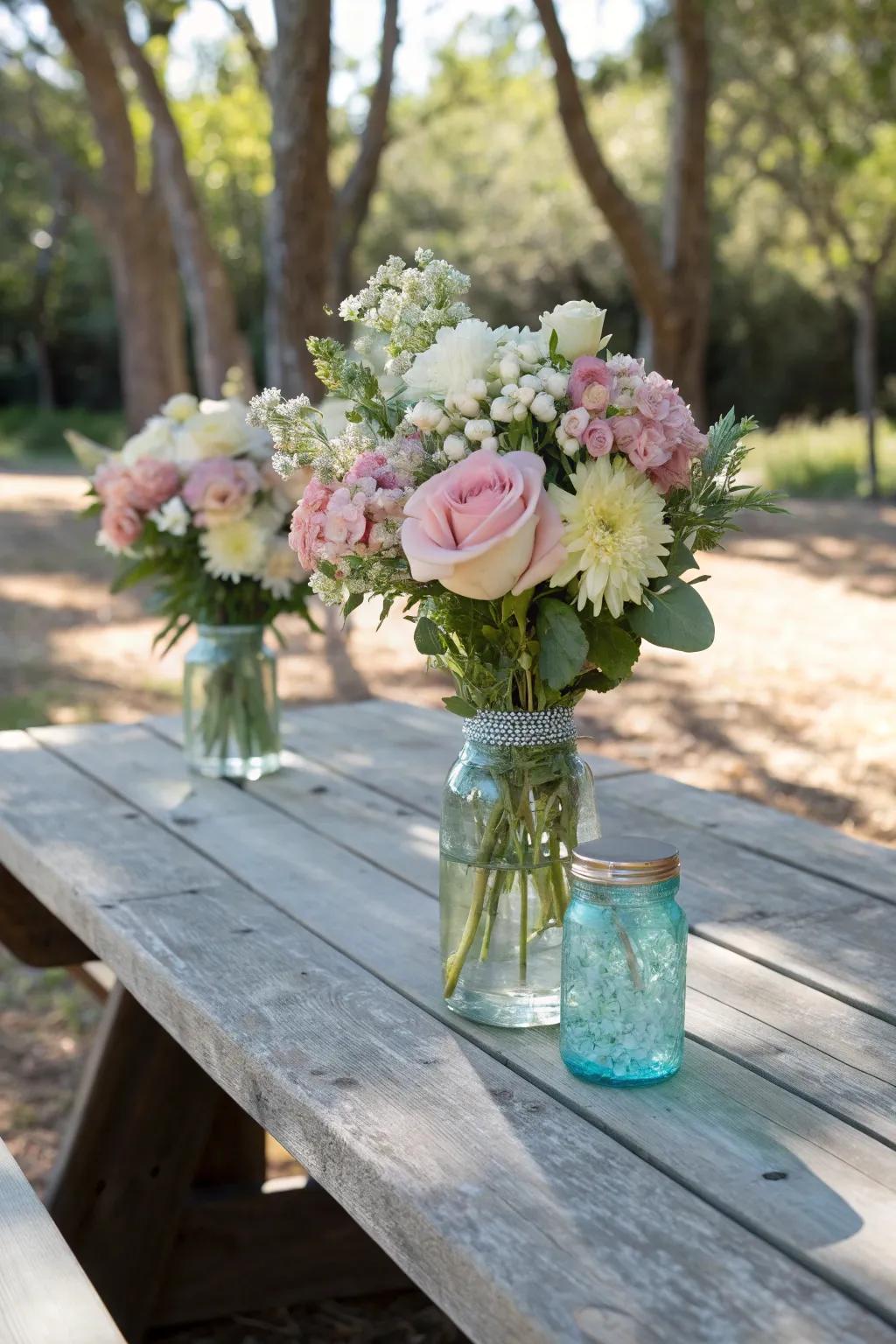 DIY floral centerpieces bringing a fresh touch to the picnic.