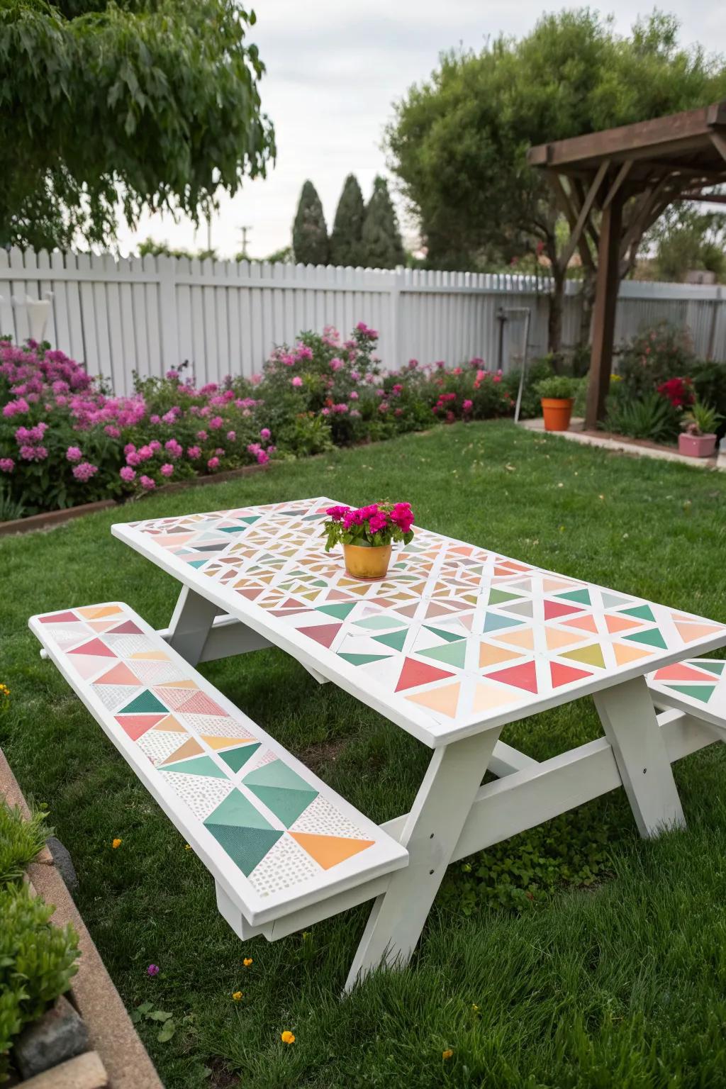 A geometric triangle pattern picnic table enhances a trendy backyard setting.