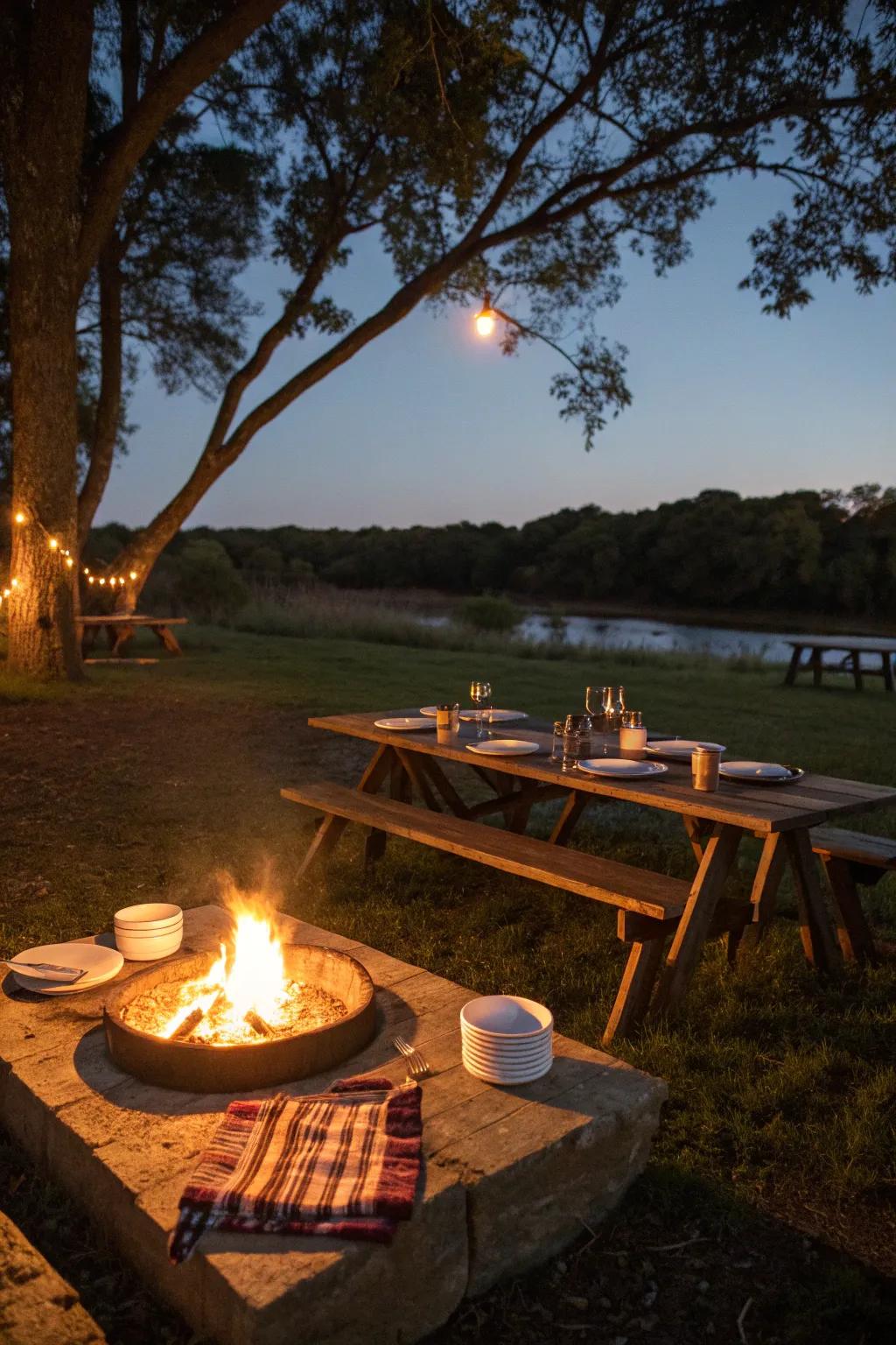 A fire pit offers warmth and ambiance beside this inviting picnic table.