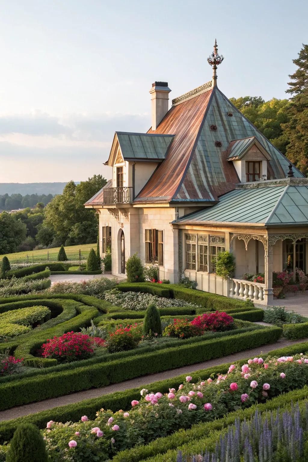 An elegant home featuring a luxurious copper metal roof that stands out in its setting.