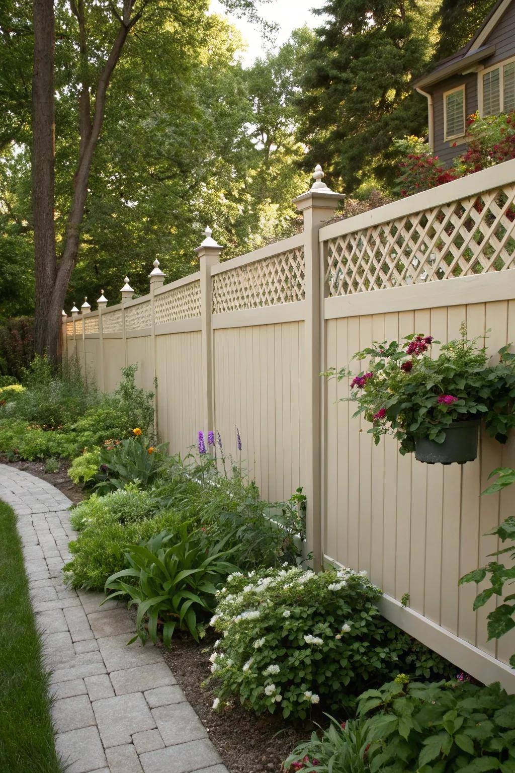 Elegant lattice-topped privacy fence enhancing garden beauty.