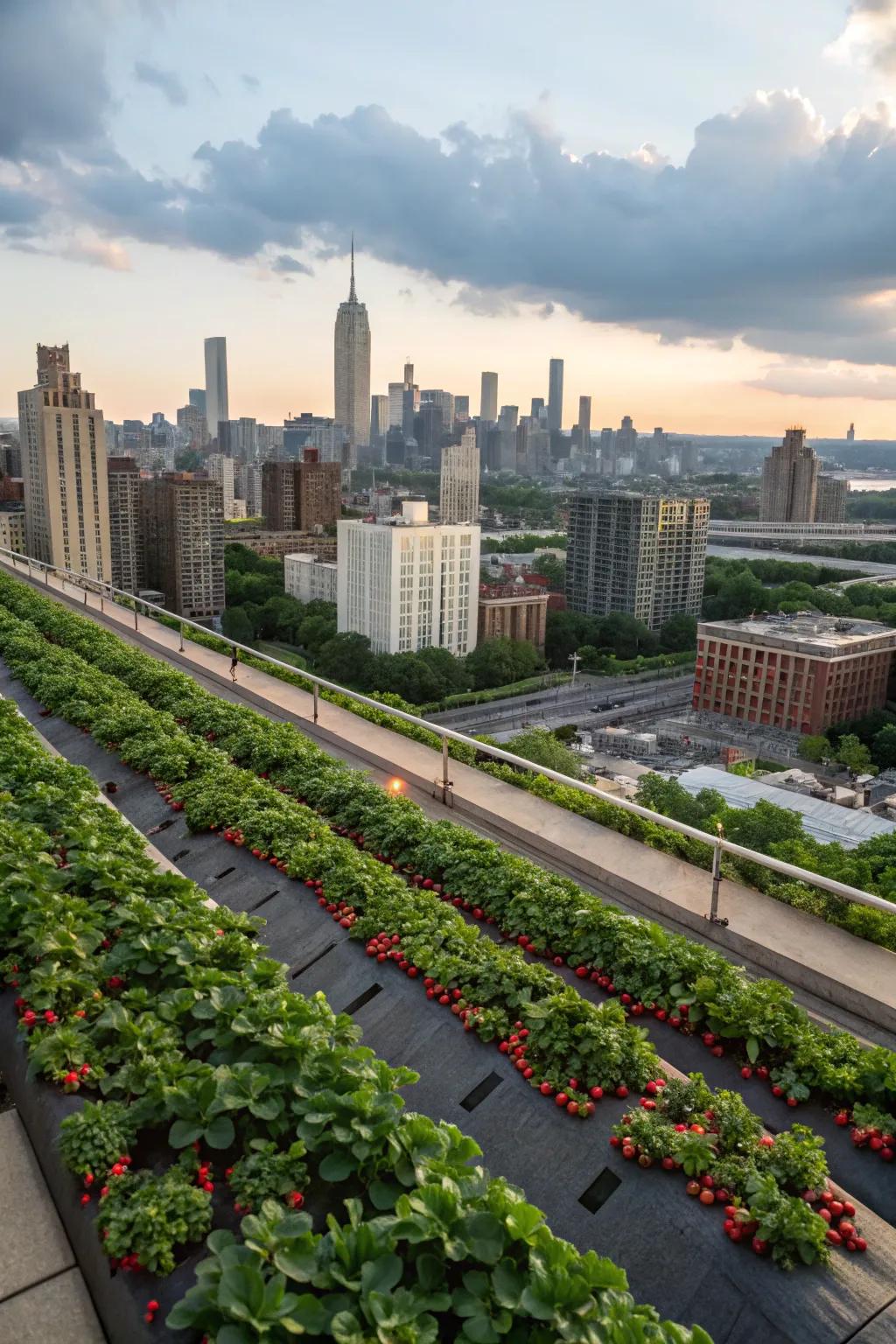A rooftop garden with strawberries overlooking the city.