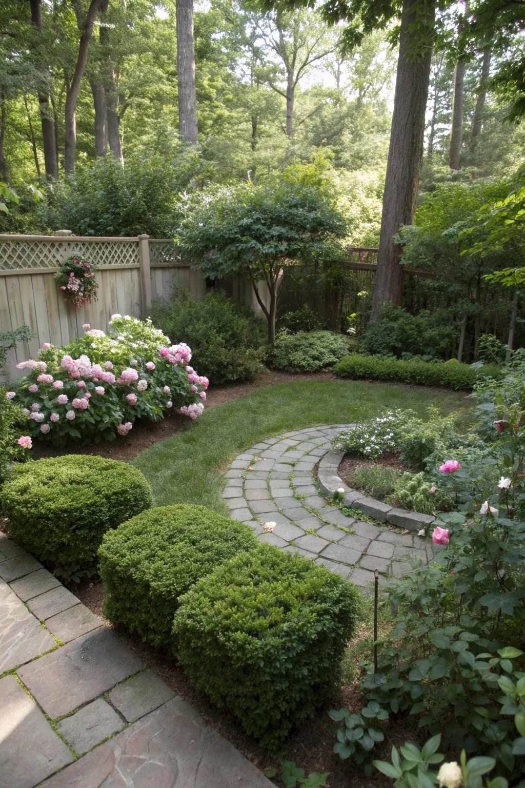 A secret garden nook provides a private escape in a pie-shaped backyard.