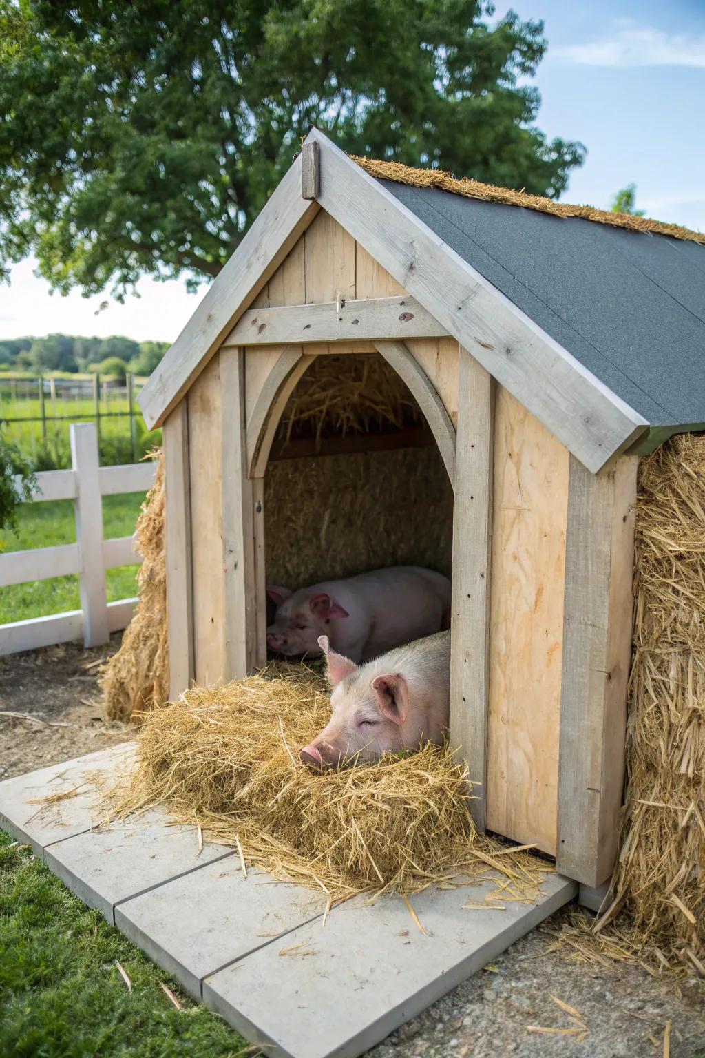 A practical pig shelter made from a repurposed dog house.