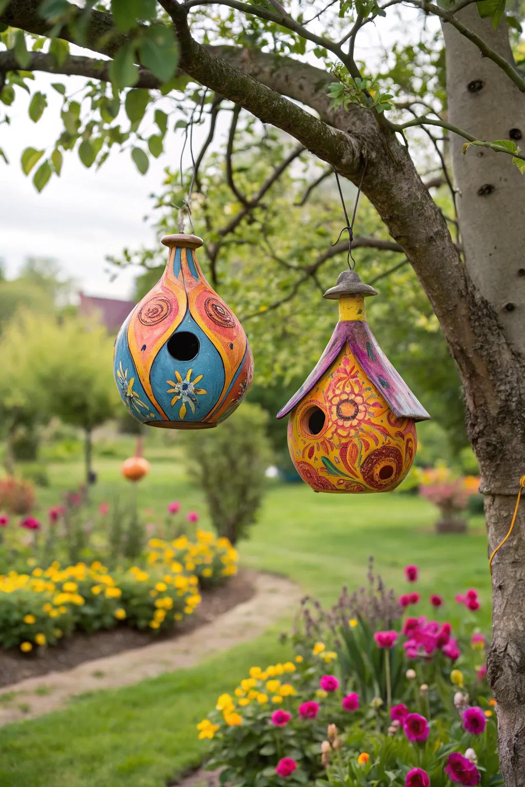 Provide cozy homes for birds with gourd birdhouses.