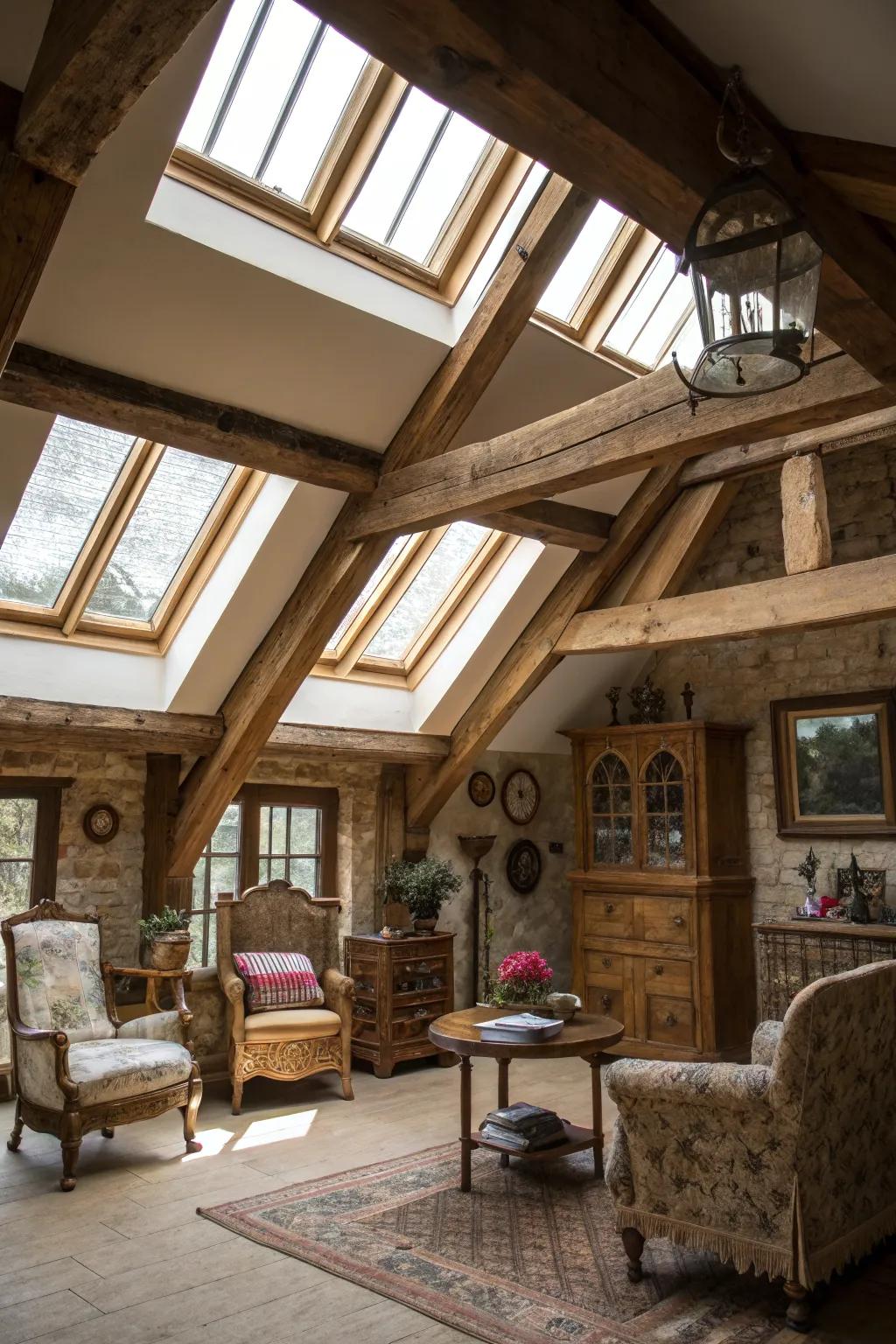 Classic skylights adding charm to a rustic living space.