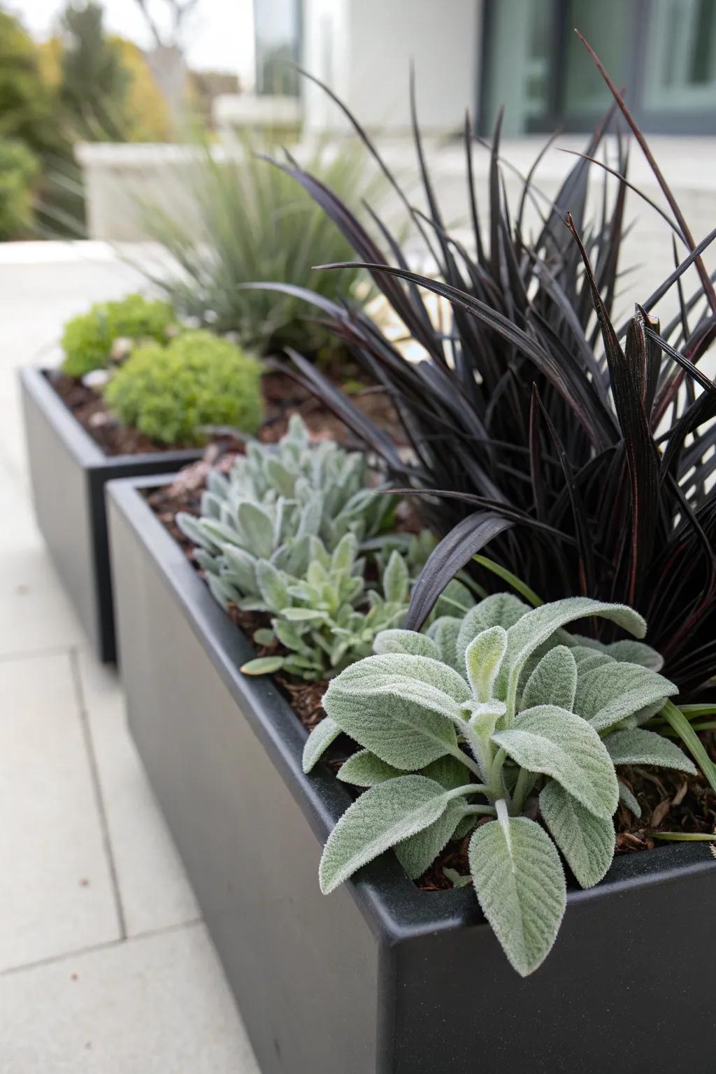 Cool contrasts with soft lamb's ear and dark black mondo grass.