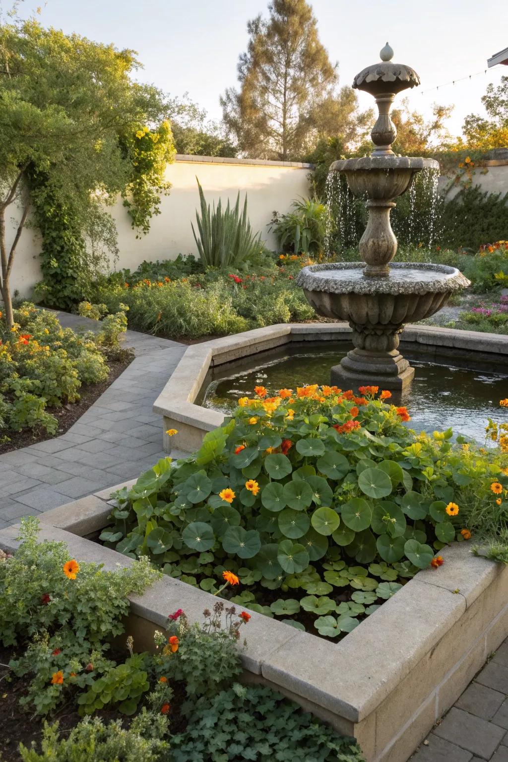 Edible plants add beauty and utility around fountains.